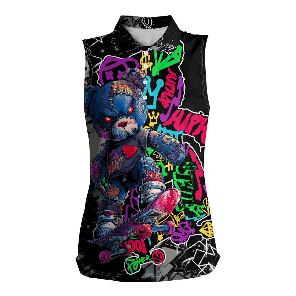 Teddy Bear Hip Hop Graffiti Street Art Women Sleeveless Polo Shirt Crown Shades and Colorful Spray Paint Design - Wonder Print Shop