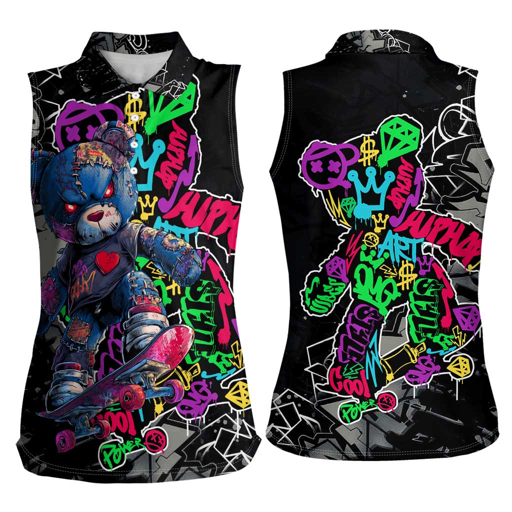 Teddy Bear Hip Hop Graffiti Street Art Women Sleeveless Polo Shirt Crown Shades and Colorful Spray Paint Design - Wonder Print Shop
