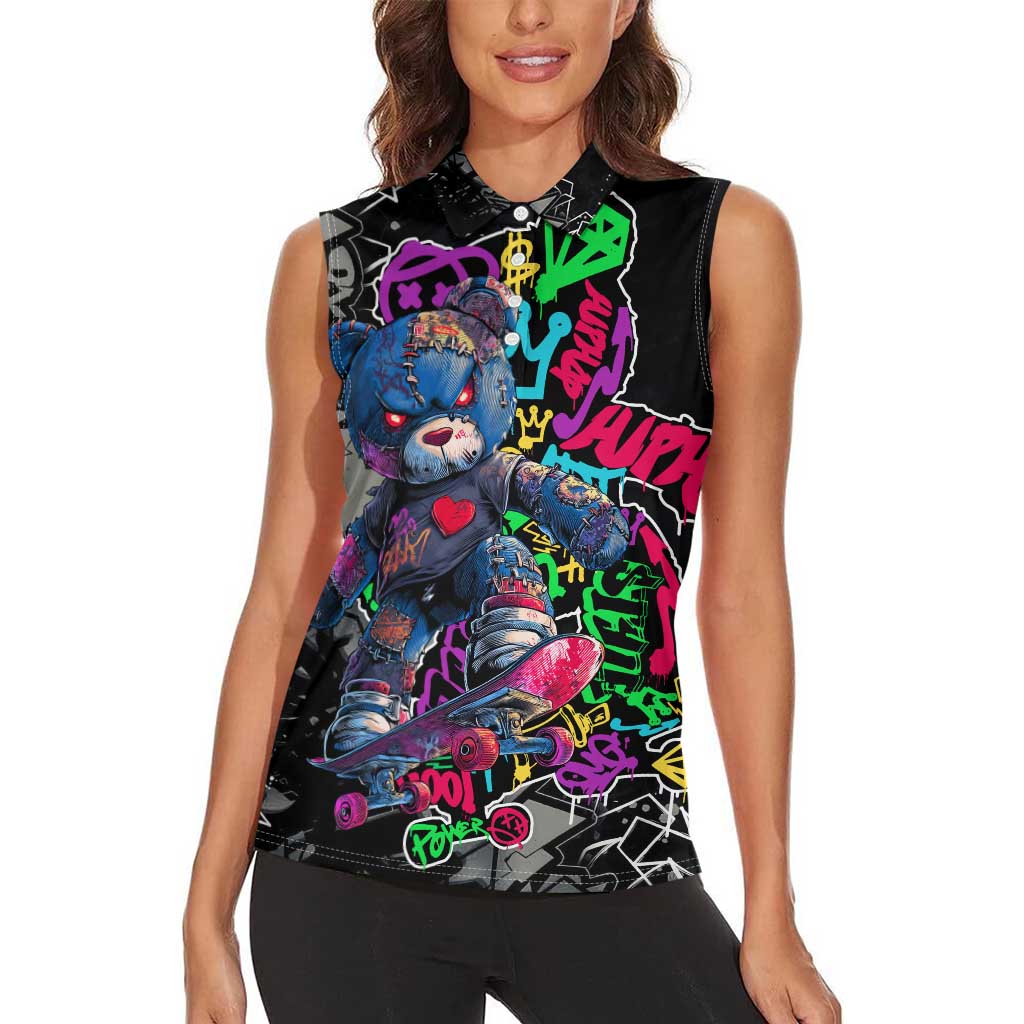 Teddy Bear Hip Hop Graffiti Street Art Women Sleeveless Polo Shirt Crown Shades and Colorful Spray Paint Design - Wonder Print Shop