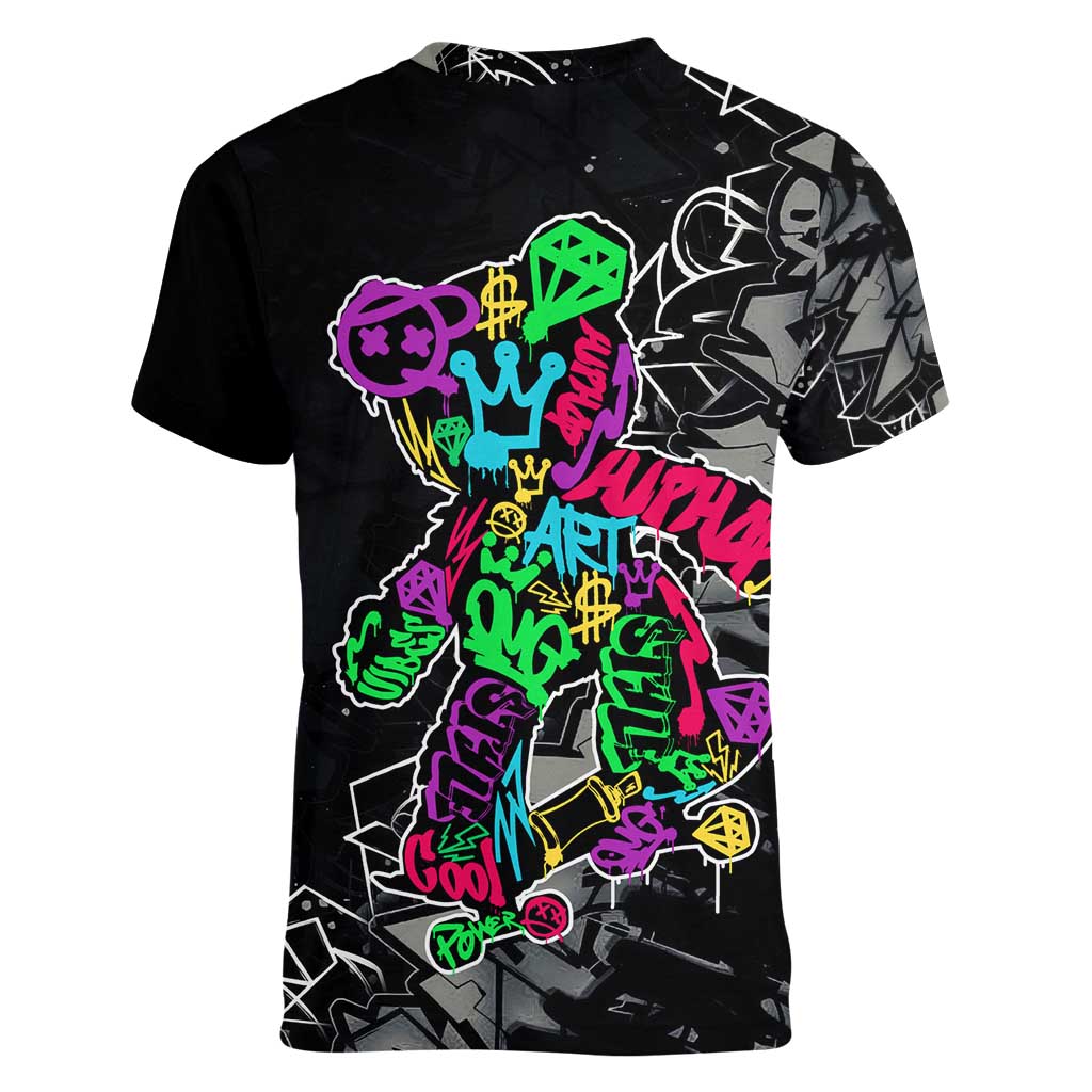 Teddy Bear Hip Hop Graffiti Street Art Women V-Neck T-Shirt Crown Shades and Colorful Spray Paint Design - Wonder Print Shop