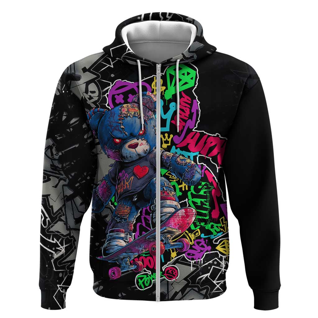 Teddy Bear Hip Hop Graffiti Street Art Zip Hoodie Crown Shades and Colorful Spray Paint Design - Wonder Print Shop