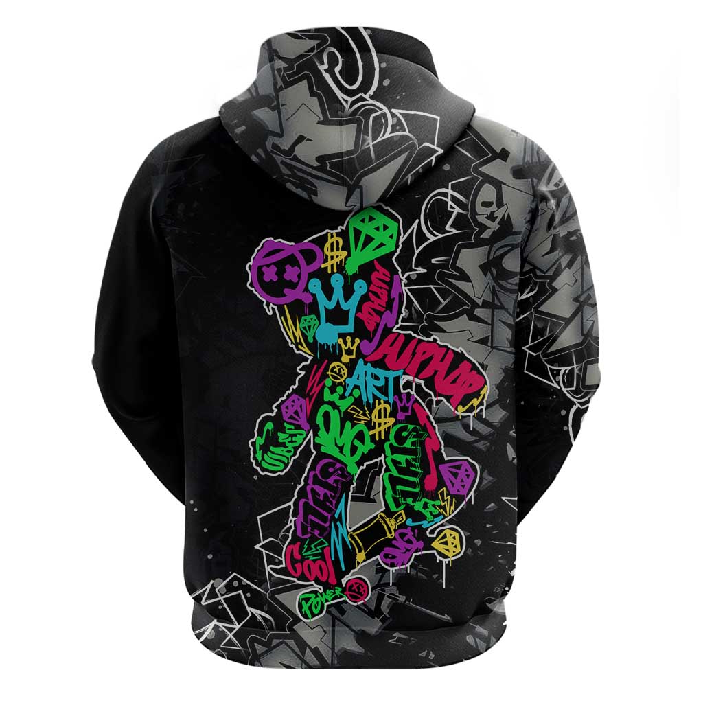 Teddy Bear Hip Hop Graffiti Street Art Zip Hoodie Crown Shades and Colorful Spray Paint Design - Wonder Print Shop