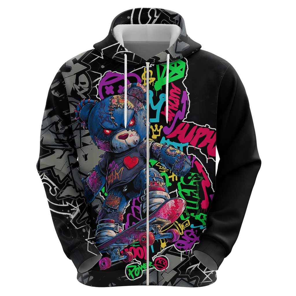 Teddy Bear Hip Hop Graffiti Street Art Zip Hoodie Crown Shades and Colorful Spray Paint Design - Wonder Print Shop