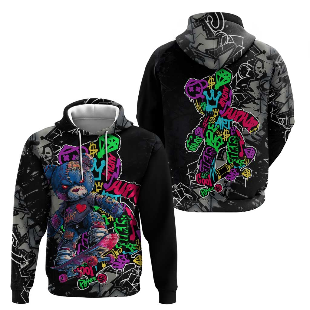 Teddy Bear Hip Hop Graffiti Street Art Zip Hoodie Crown Shades and Colorful Spray Paint Design - Wonder Print Shop
