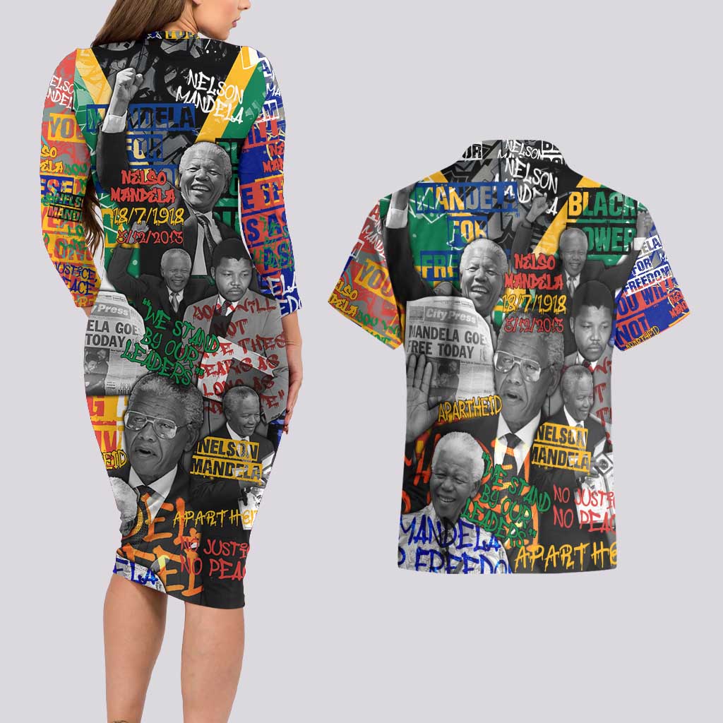 Nelson Mandela Couples Matching Long Sleeve Bodycon Dress and Hawaiian Shirt Street Spray Art Recreating The Life Of A Great Man - Wonder Print Shop