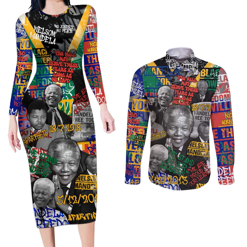 Nelson Mandela Couples Matching Long Sleeve Bodycon Dress and Long Sleeve Button Shirt Street Spray Art Recreating The Life Of A Great Man - Wonder Print Shop