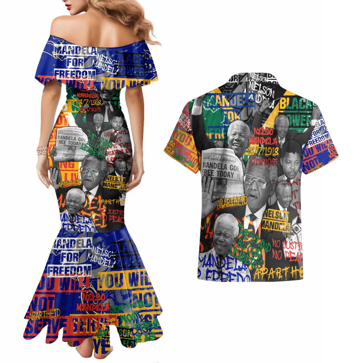Nelson Mandela Couples Matching Mermaid Dress and Hawaiian Shirt Street Spray Art Recreating The Life Of A Great Man - Wonder Print Shop