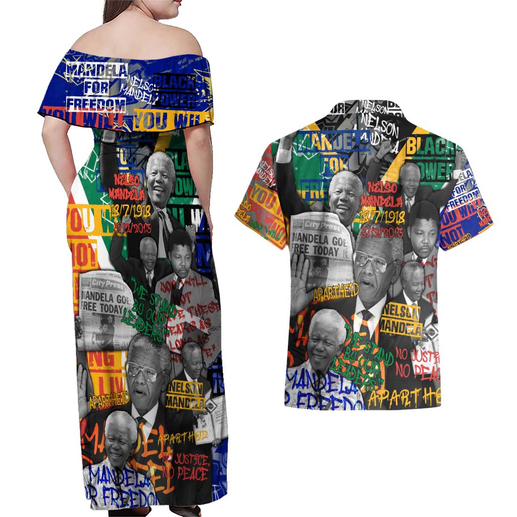 Nelson Mandela Couples Matching Off Shoulder Maxi Dress and Hawaiian Shirt Street Spray Art Recreating The Life Of A Great Man - Wonder Print Shop