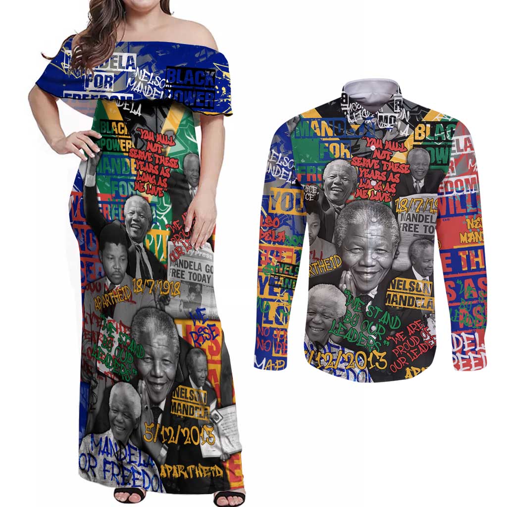 Nelson Mandela Couples Matching Off Shoulder Maxi Dress and Long Sleeve Button Shirt Street Spray Art Recreating The Life Of A Great Man - Wonder Print Shop