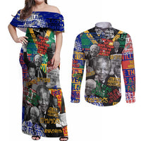 Nelson Mandela Couples Matching Off Shoulder Maxi Dress and Long Sleeve Button Shirt Street Spray Art Recreating The Life Of A Great Man - Wonder Print Shop