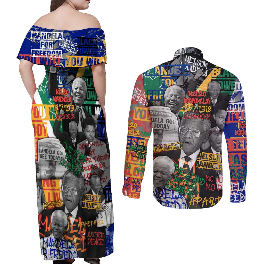 Nelson Mandela Couples Matching Off Shoulder Maxi Dress and Long Sleeve Button Shirt Street Spray Art Recreating The Life Of A Great Man - Wonder Print Shop