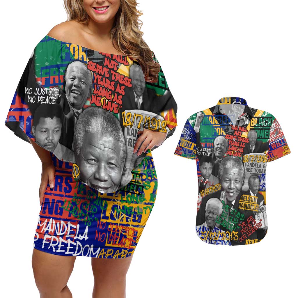 Nelson Mandela Couples Matching Off Shoulder Short Dress and Hawaiian Shirt Street Spray Art Recreating The Life Of A Great Man - Wonder Print Shop