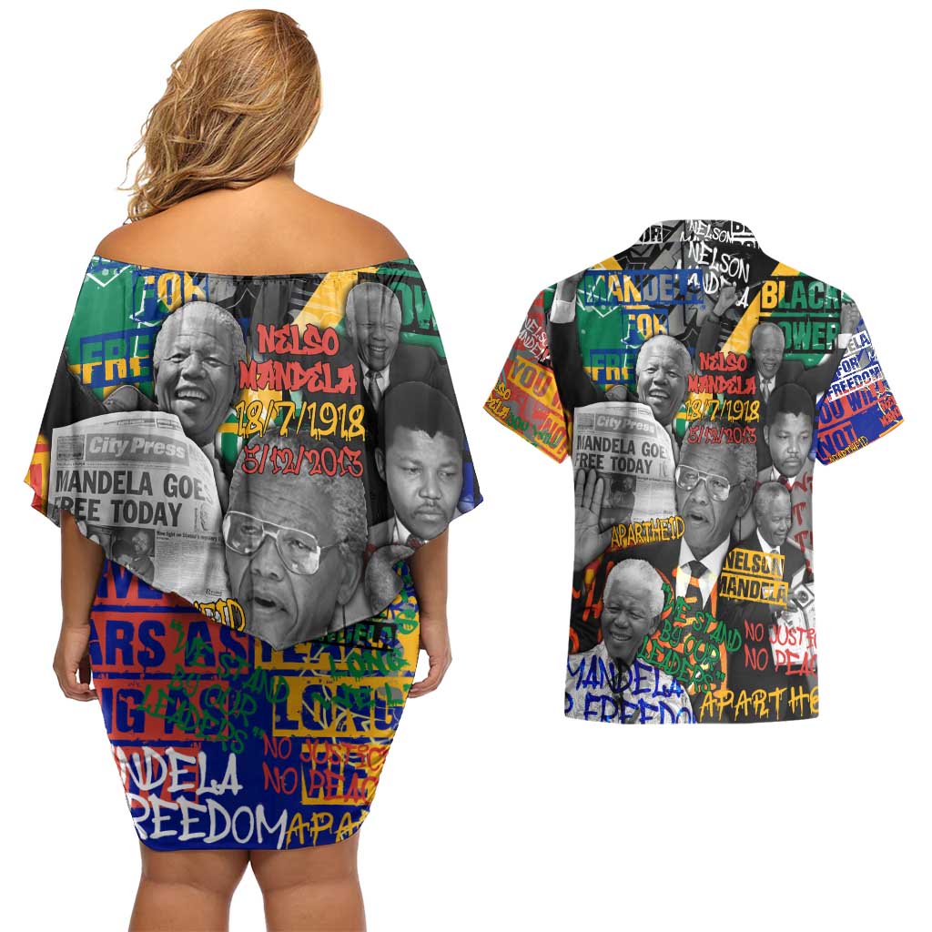 Nelson Mandela Couples Matching Off Shoulder Short Dress and Hawaiian Shirt Street Spray Art Recreating The Life Of A Great Man - Wonder Print Shop
