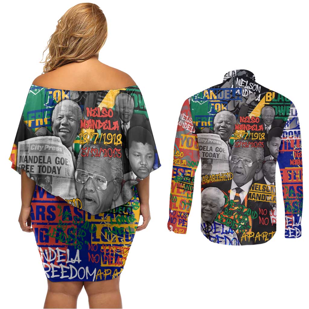 Nelson Mandela Couples Matching Off Shoulder Short Dress and Long Sleeve Button Shirt Street Spray Art Recreating The Life Of A Great Man - Wonder Print Shop