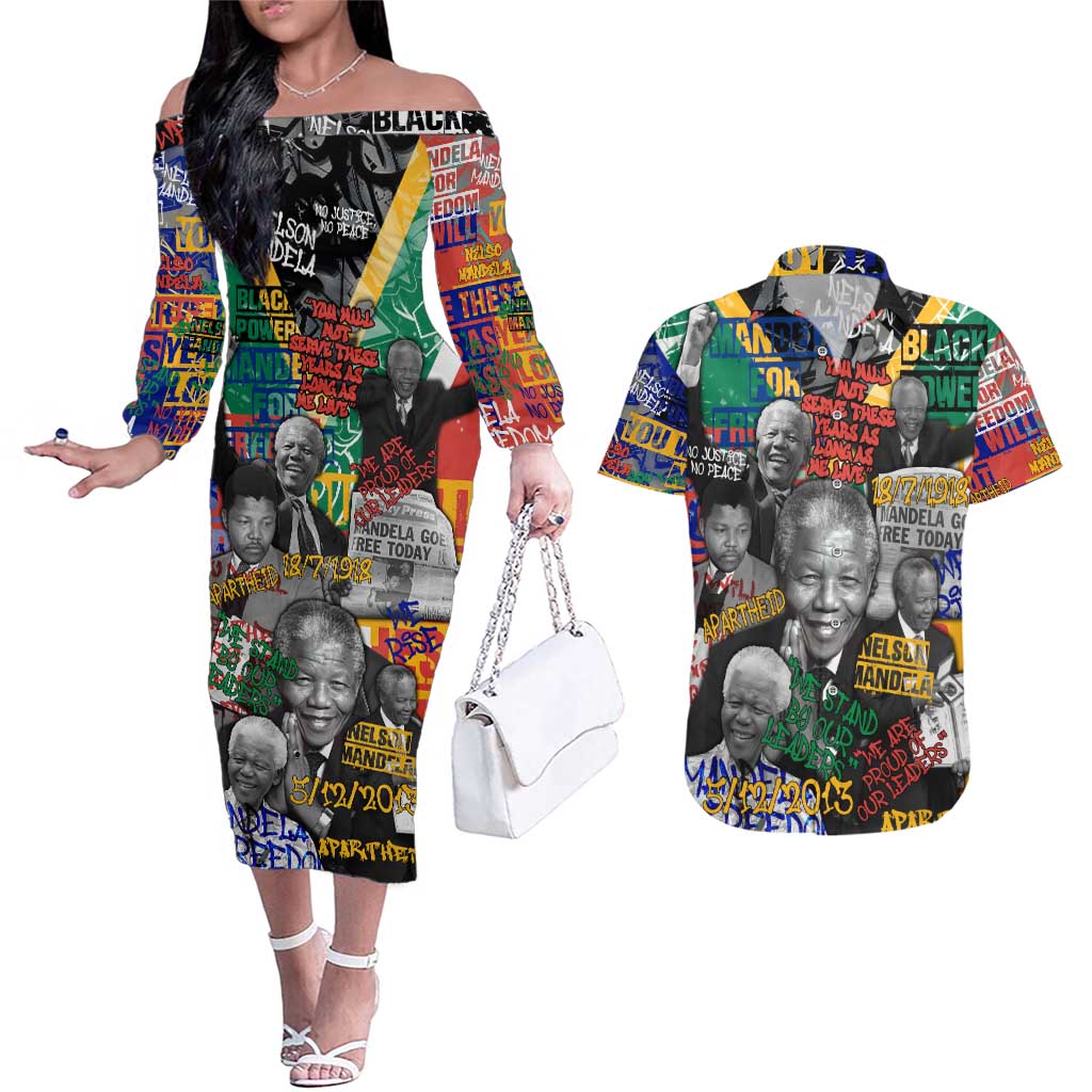Nelson Mandela Couples Matching Off The Shoulder Long Sleeve Dress and Hawaiian Shirt Street Spray Art Recreating The Life Of A Great Man - Wonder Print Shop