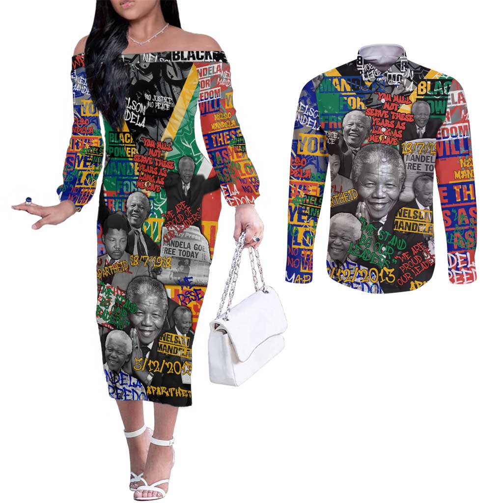 Nelson Mandela Couples Matching Off The Shoulder Long Sleeve Dress and Long Sleeve Button Shirt Street Spray Art Recreating The Life Of A Great Man - Wonder Print Shop