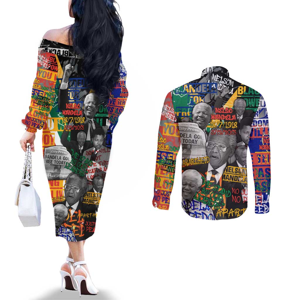 Nelson Mandela Couples Matching Off The Shoulder Long Sleeve Dress and Long Sleeve Button Shirt Street Spray Art Recreating The Life Of A Great Man - Wonder Print Shop
