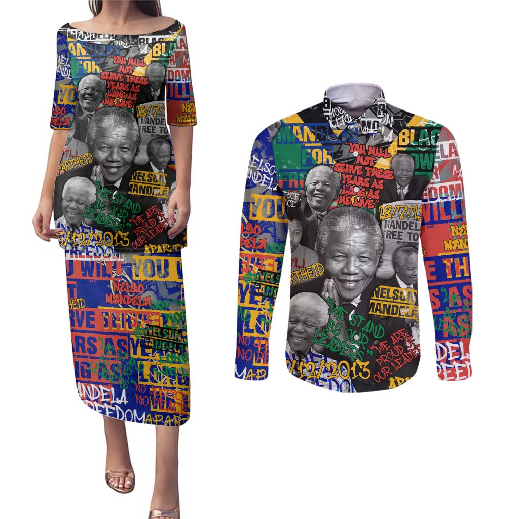 Nelson Mandela Couples Matching Puletasi and Long Sleeve Button Shirt Street Spray Art Recreating The Life Of A Great Man - Wonder Print Shop