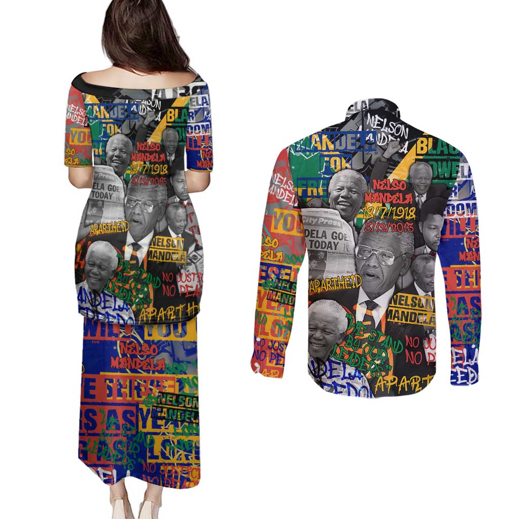 Nelson Mandela Couples Matching Puletasi and Long Sleeve Button Shirt Street Spray Art Recreating The Life Of A Great Man - Wonder Print Shop