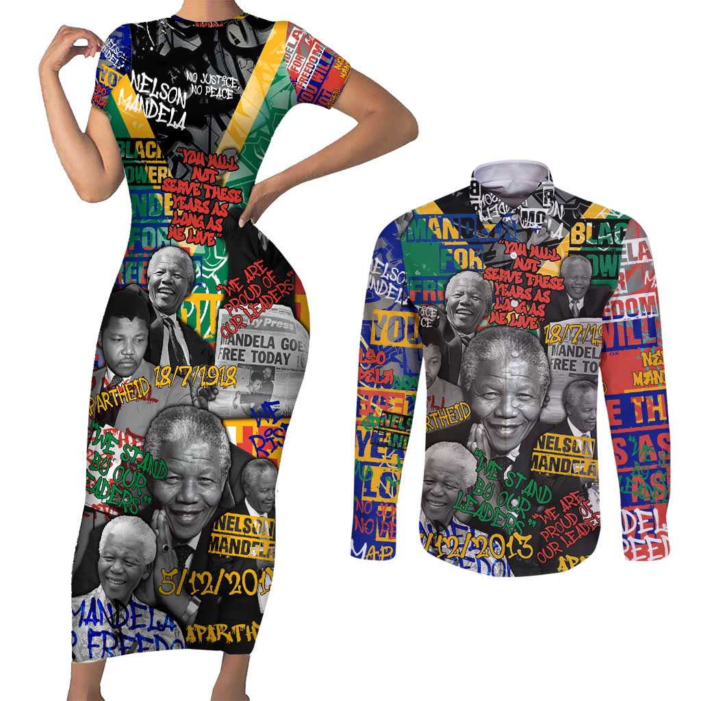 Nelson Mandela Couples Matching Short Sleeve Bodycon Dress and Long Sleeve Button Shirt Street Spray Art Recreating The Life Of A Great Man - Wonder Print Shop