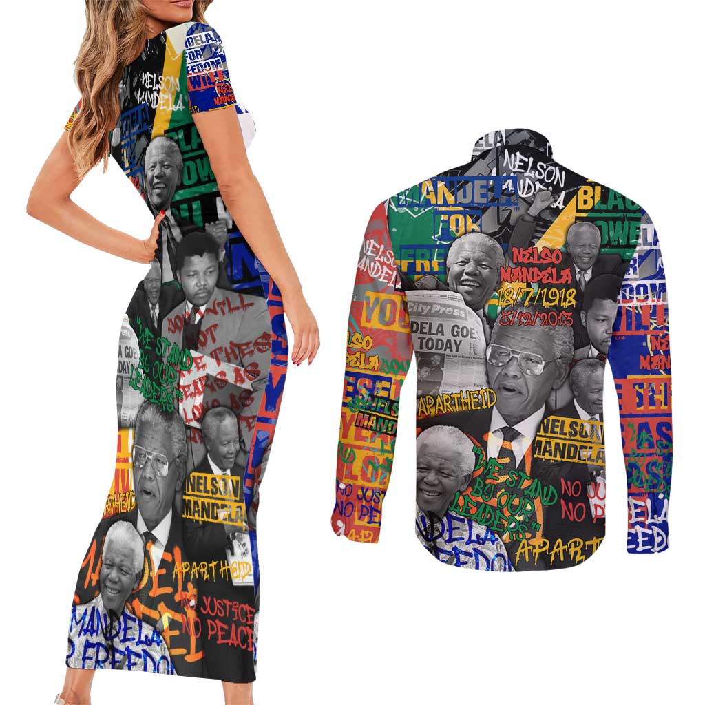 Nelson Mandela Couples Matching Short Sleeve Bodycon Dress and Long Sleeve Button Shirt Street Spray Art Recreating The Life Of A Great Man - Wonder Print Shop