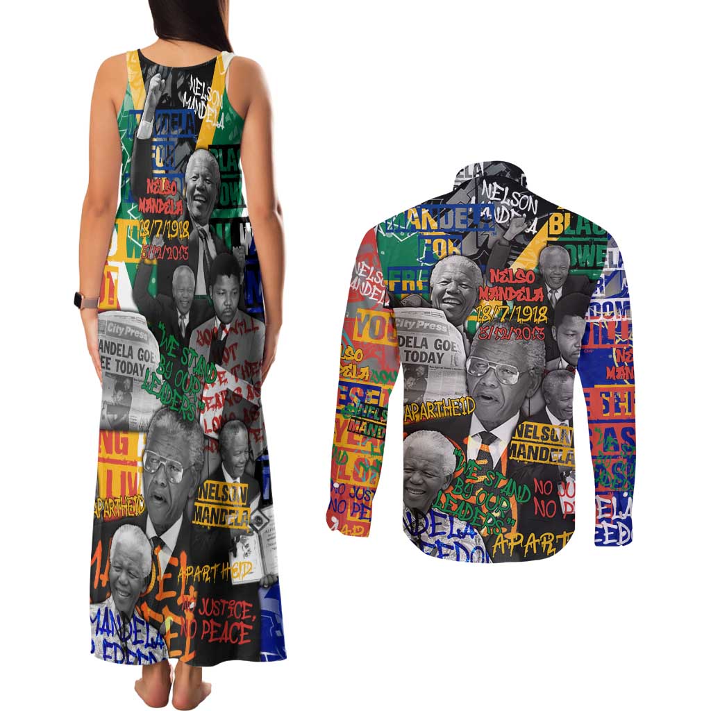 Nelson Mandela Couples Matching Tank Maxi Dress and Long Sleeve Button Shirt Street Spray Art Recreating The Life Of A Great Man - Wonder Print Shop