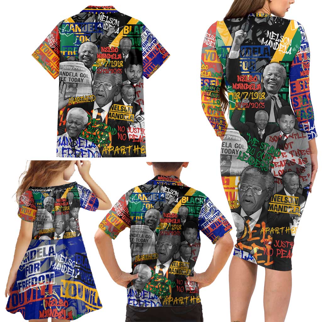 Nelson Mandela Family Matching Long Sleeve Bodycon Dress and Hawaiian Shirt Street Spray Art Recreating The Life Of A Great Man - Wonder Print Shop