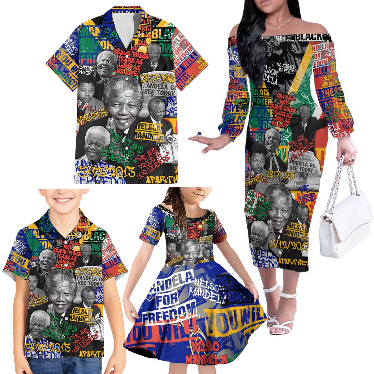 Nelson Mandela Family Matching Off The Shoulder Long Sleeve Dress and Hawaiian Shirt Street Spray Art Recreating The Life Of A Great Man - Wonder Print Shop