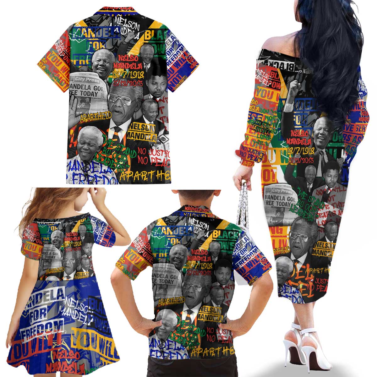 Nelson Mandela Family Matching Off The Shoulder Long Sleeve Dress and Hawaiian Shirt Street Spray Art Recreating The Life Of A Great Man - Wonder Print Shop