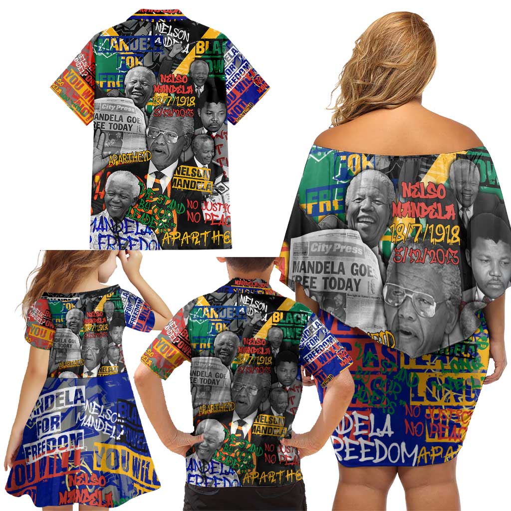 Nelson Mandela Family Matching Off Shoulder Short Dress and Hawaiian Shirt Street Spray Art Recreating The Life Of A Great Man - Wonder Print Shop