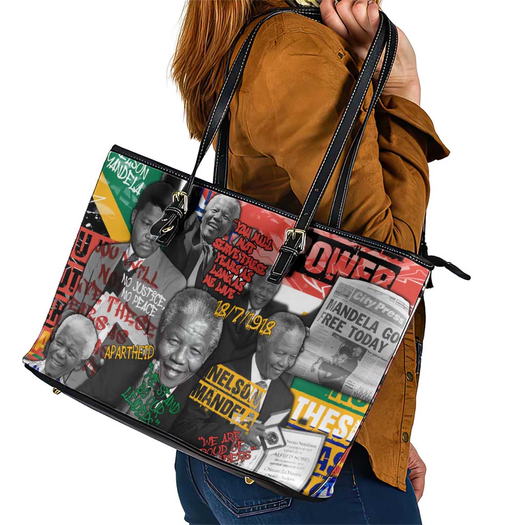Nelson Mandela Leather Tote Bag Street Spray Art Recreating The Life Of A Great Man - Wonder Print Shop