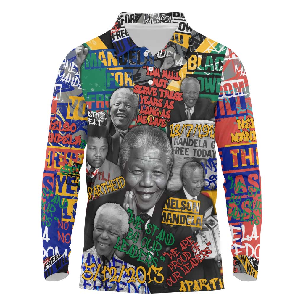 Nelson Mandela Long Sleeve Polo Shirt Street Spray Art Recreating The Life Of A Great Man - Wonder Print Shop
