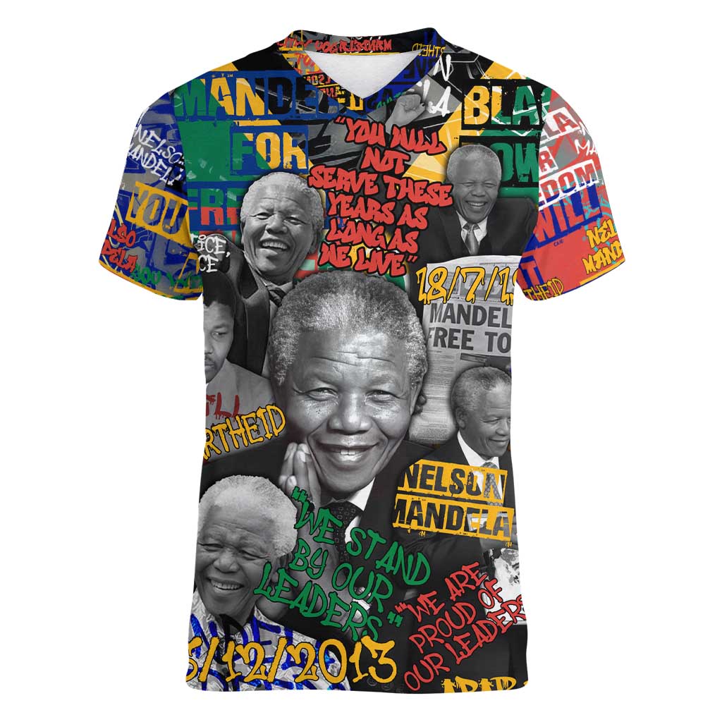 Nelson Mandela Women V-Neck T-Shirt Street Spray Art Recreating The Life Of A Great Man - Wonder Print Shop