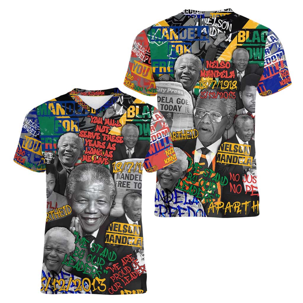 Nelson Mandela Women V-Neck T-Shirt Street Spray Art Recreating The Life Of A Great Man - Wonder Print Shop