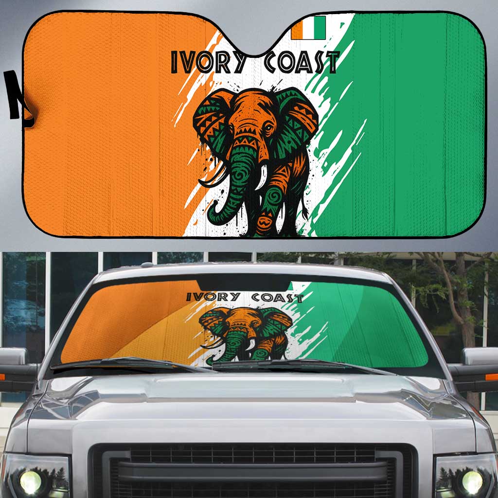 Ivory Coast Auto Sun Shade with Tribal Elephant and Paint Splash Design - Wonder Print Shop