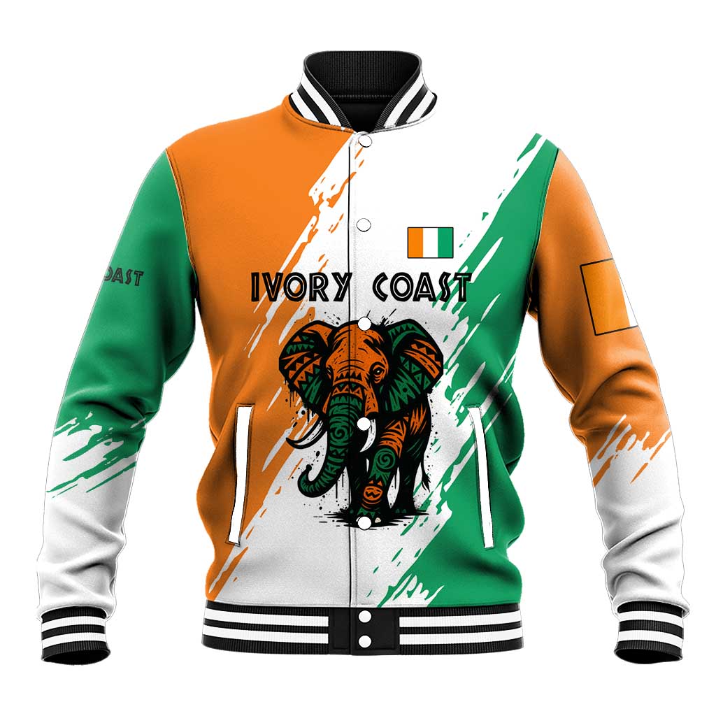 Ivory Coast Baseball Jacket with Tribal Elephant and Paint Splash Design - Wonder Print Shop