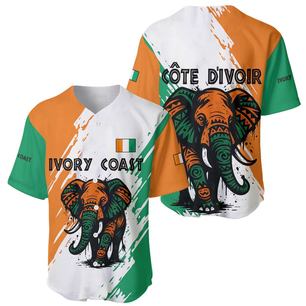 Ivory Coast Baseball Jersey with Tribal Elephant and Paint Splash Design - Wonder Print Shop