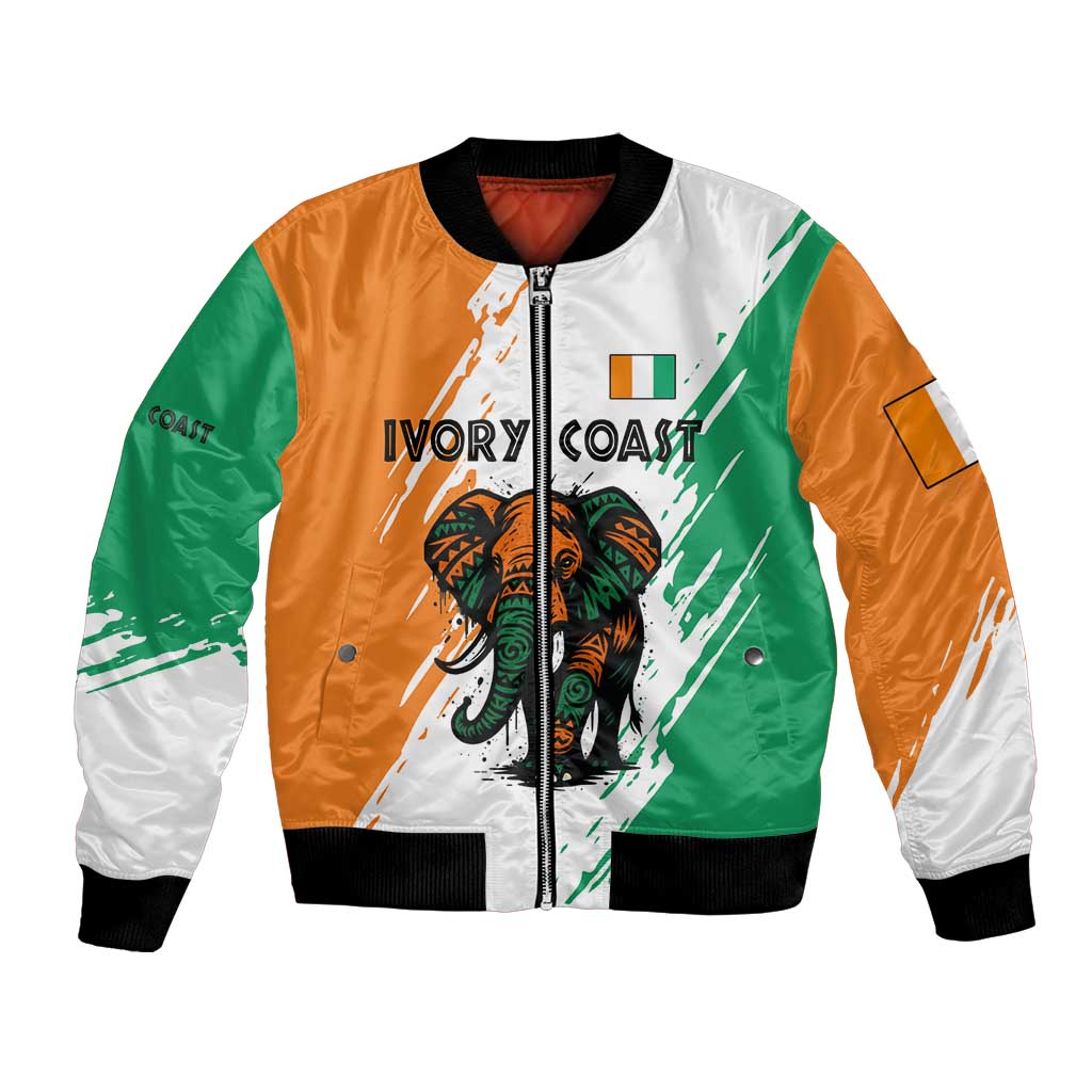 Ivory Coast Bomber Jacket with Tribal Elephant and Paint Splash Design - Wonder Print Shop
