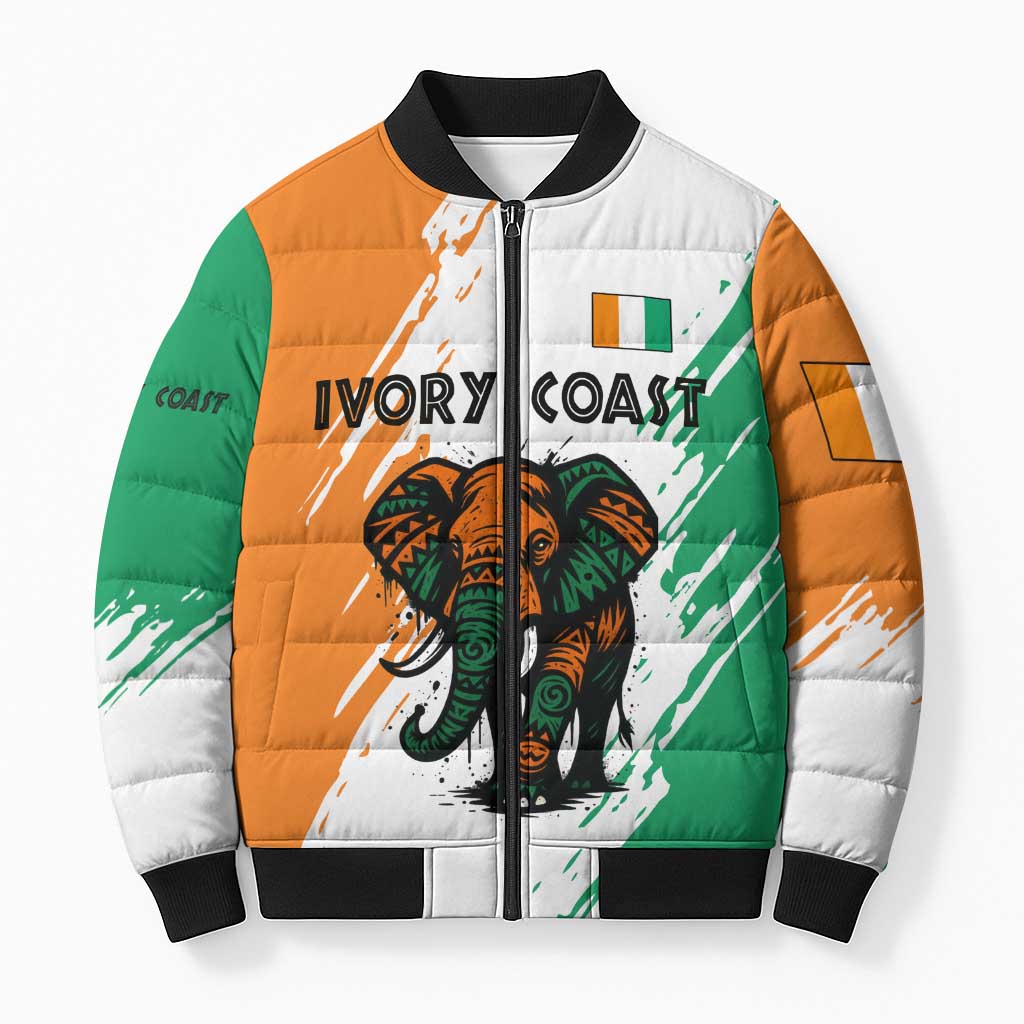 Ivory Coast Bomber Puffer Jacket with Tribal Elephant and Paint Splash Design - Wonder Print Shop