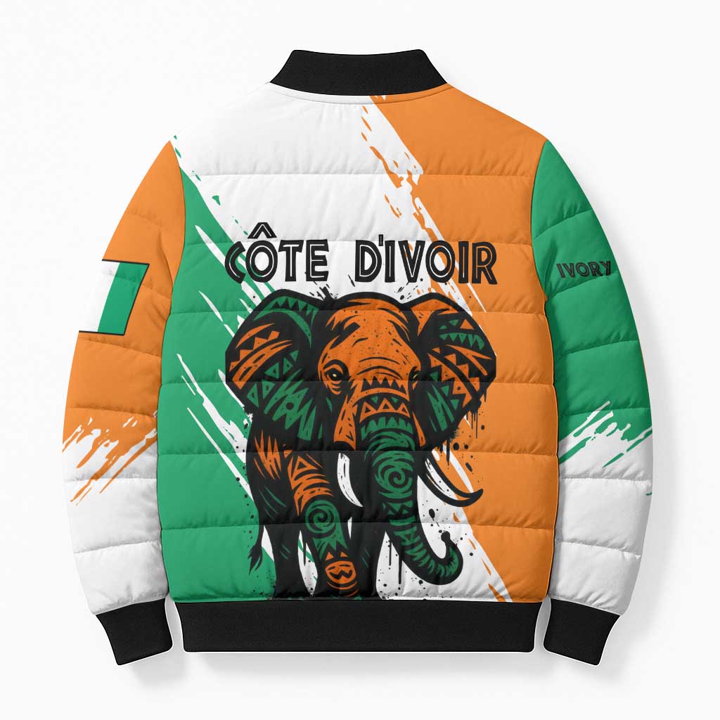 Ivory Coast Bomber Puffer Jacket with Tribal Elephant and Paint Splash Design - Wonder Print Shop