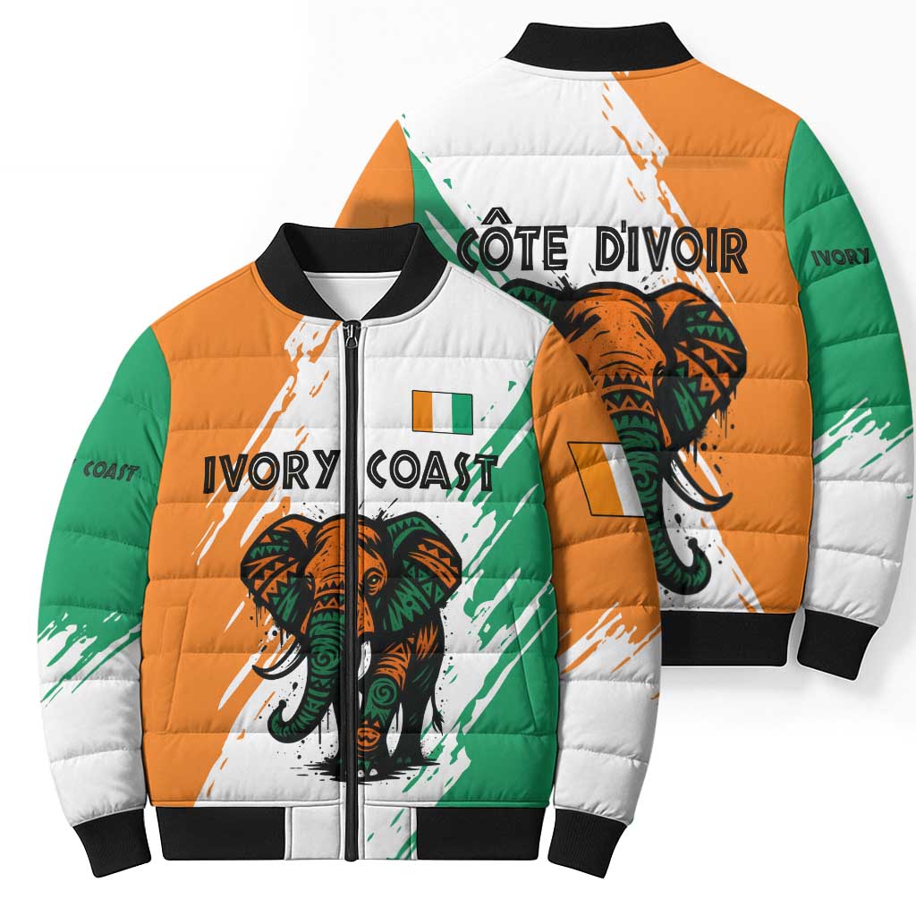 Ivory Coast Bomber Puffer Jacket with Tribal Elephant and Paint Splash Design - Wonder Print Shop