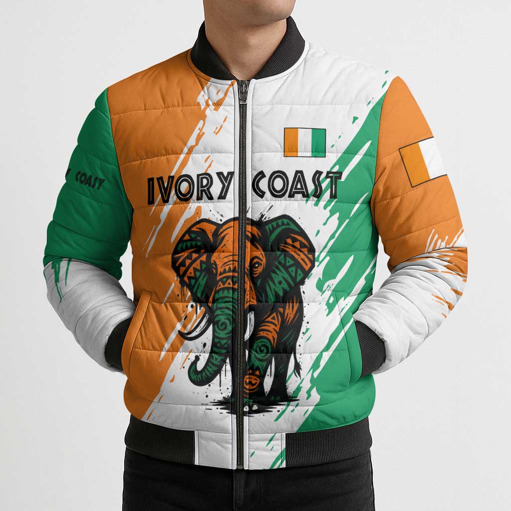 Ivory Coast Bomber Puffer Jacket with Tribal Elephant and Paint Splash Design - Wonder Print Shop