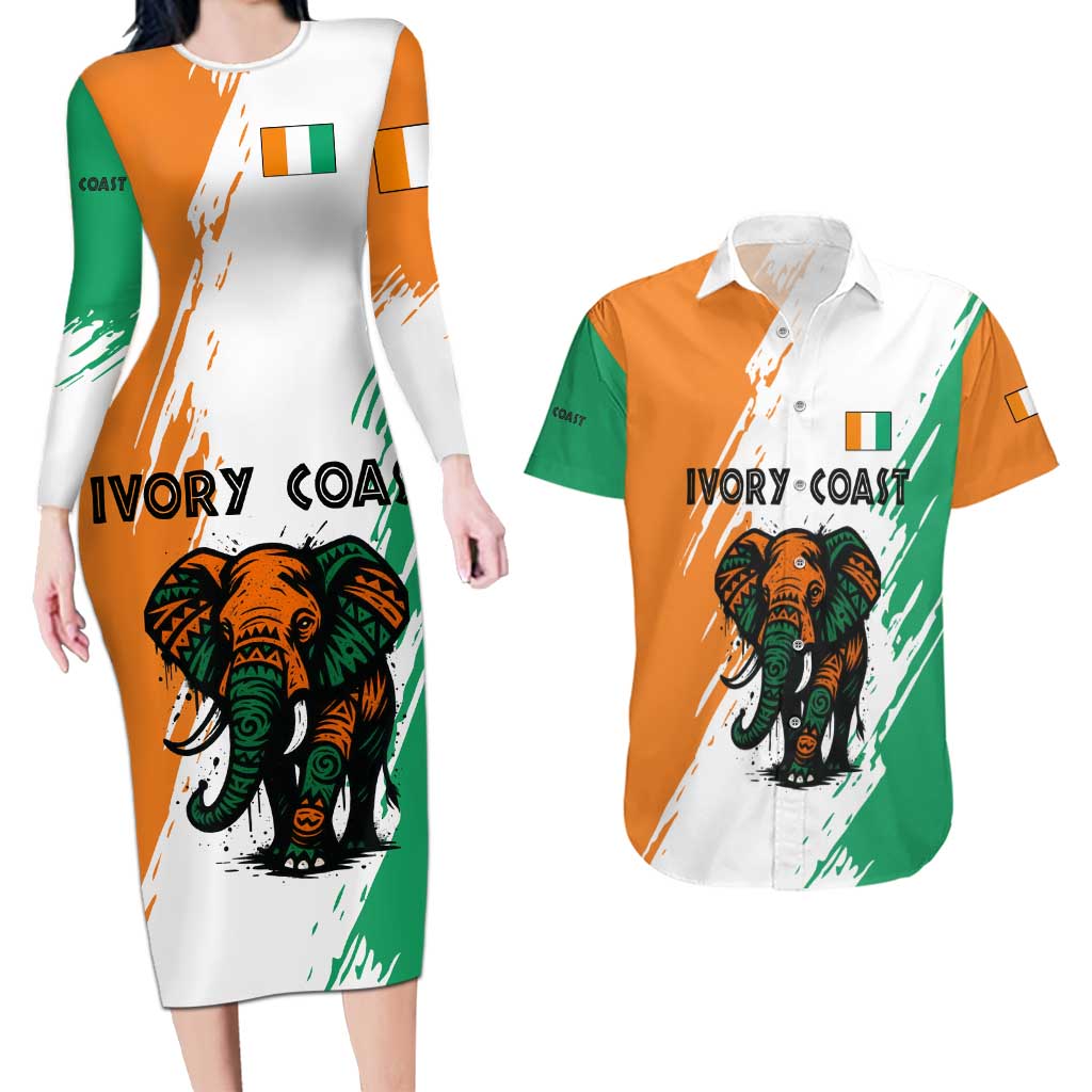 Ivory Coast Couples Matching Long Sleeve Bodycon Dress and Hawaiian Shirt with Tribal Elephant and Paint Splash Design - Wonder Print Shop