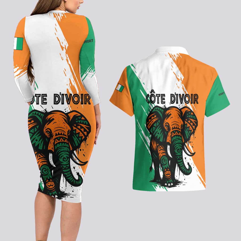 Ivory Coast Couples Matching Long Sleeve Bodycon Dress and Hawaiian Shirt with Tribal Elephant and Paint Splash Design - Wonder Print Shop