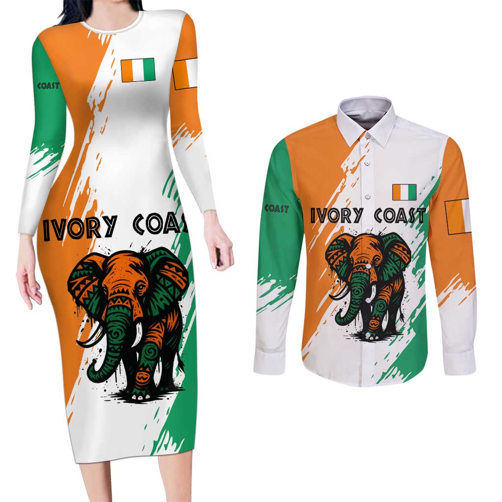 Ivory Coast Couples Matching Long Sleeve Bodycon Dress and Long Sleeve Button Shirt with Tribal Elephant and Paint Splash Design - Wonder Print Shop