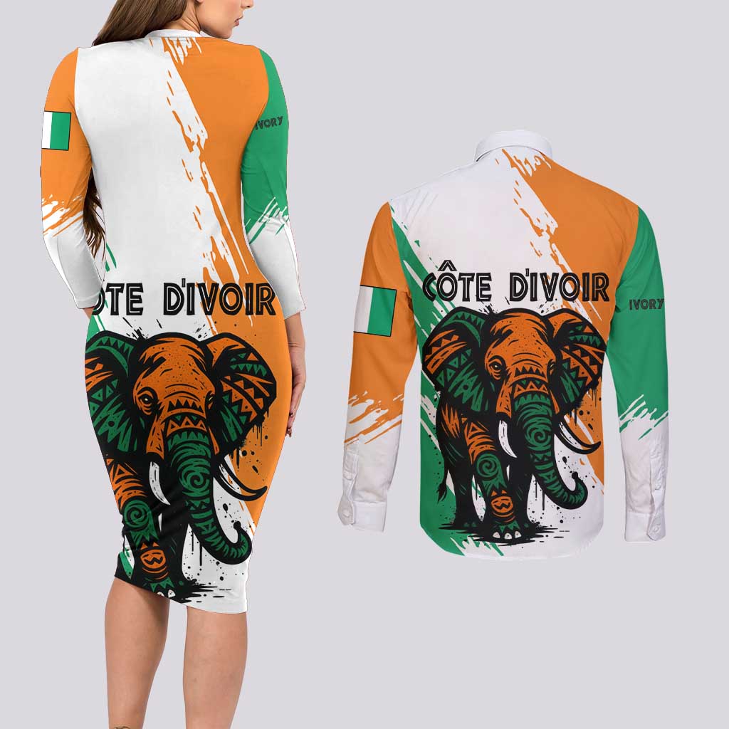 Ivory Coast Couples Matching Long Sleeve Bodycon Dress and Long Sleeve Button Shirt with Tribal Elephant and Paint Splash Design - Wonder Print Shop