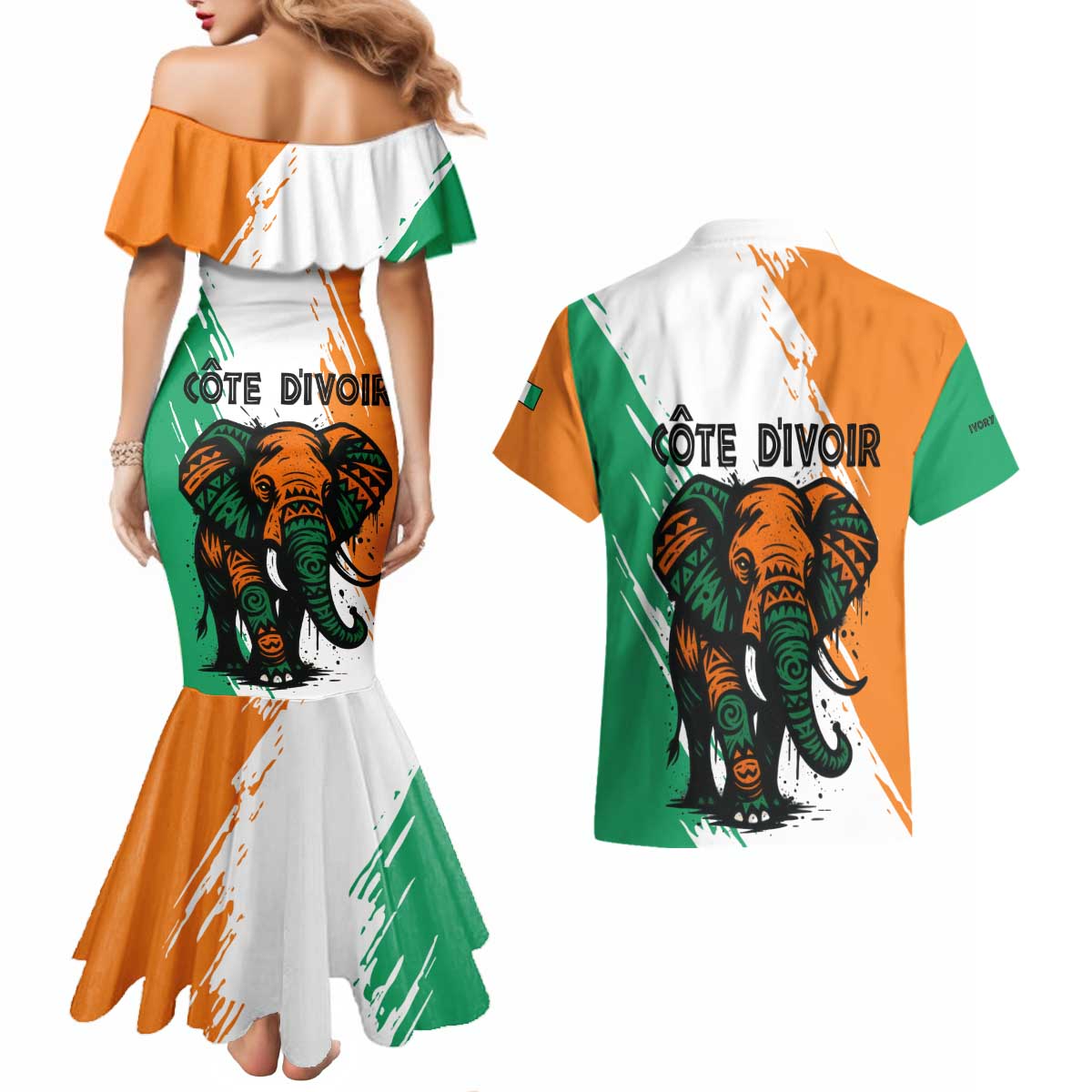 Ivory Coast Couples Matching Mermaid Dress and Hawaiian Shirt with Tribal Elephant and Paint Splash Design - Wonder Print Shop