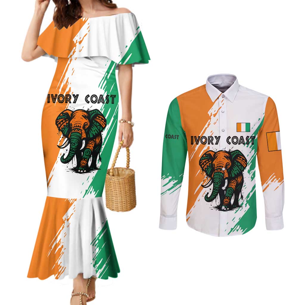 Ivory Coast Couples Matching Mermaid Dress and Long Sleeve Button Shirt with Tribal Elephant and Paint Splash Design - Wonder Print Shop