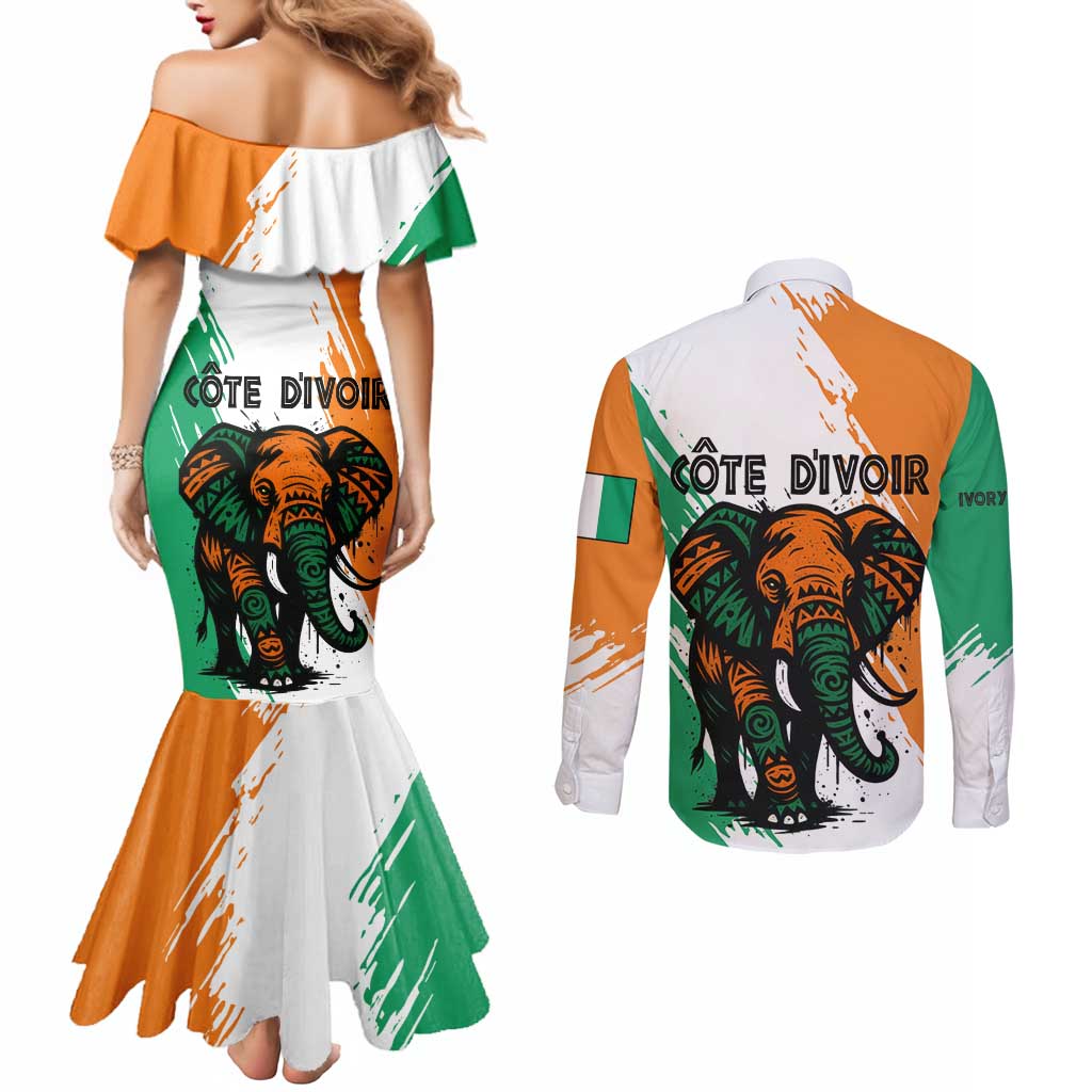 Ivory Coast Couples Matching Mermaid Dress and Long Sleeve Button Shirt with Tribal Elephant and Paint Splash Design - Wonder Print Shop