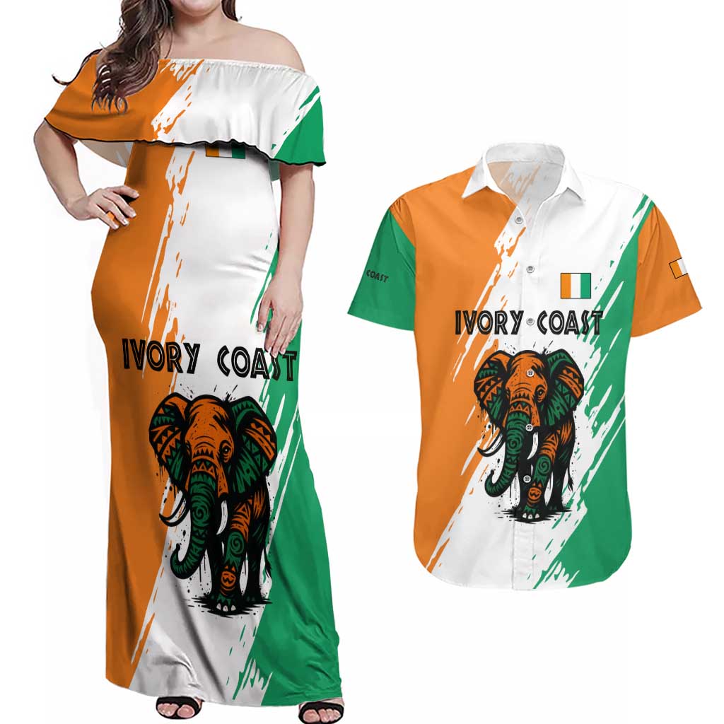 Ivory Coast Couples Matching Off Shoulder Maxi Dress and Hawaiian Shirt with Tribal Elephant and Paint Splash Design - Wonder Print Shop